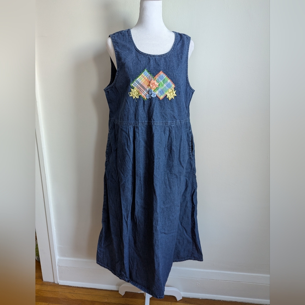 Vintage Denim Sleeveless Jumper Dress With Gingham Quilt Applique Petite L